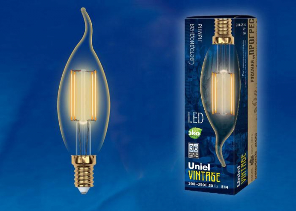 Лампа светодиодная филаментная (UL-00002396) Uniel E14 5W 2250K прозрачная LED-C35-5W/GOLDEN/E14 GLV21GO