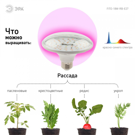 Фитолампа для растений светодиодная ЭРА E27 18W 2370K FITO-18W-RB-E27 Б0049533