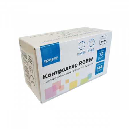 Контроллер для светодиодной ленты RGBW Apeyron 72Вт 12-24В 4*15A/канал IP20 пульт, DC-коннектор для входа, 5-игольчатый коннектор для выхода 04-29