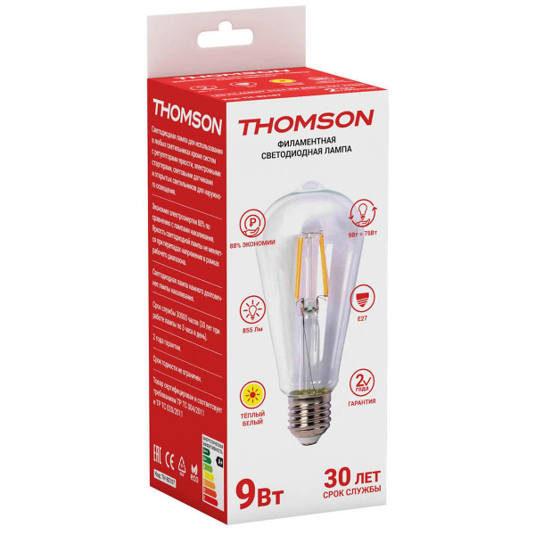 Лампа светодиодная филаментная Thomson E27 9W 2700K колба прозрачная TH-B2107