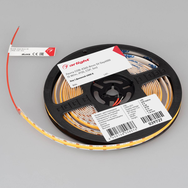 Светодиодная лента Arlight COB-X360-8mm 5V Day4000 (5 W/m, IP20, 5m) 039737(1)